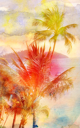 Retro photo of palm trees on a tropical islandの写真素材