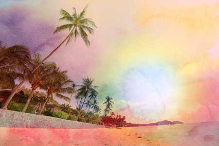 Retro photo of watercolor palm trees on a tropical islandの写真素材