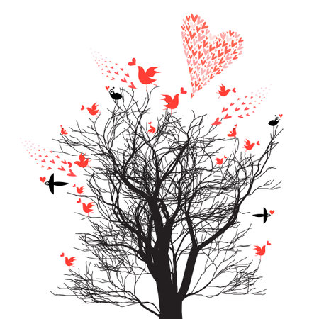Bright graphic design tree with enamored birds and hearts on whiteのイラスト素材