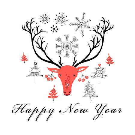Vector Christmas card with a portrait of a deer and snowflakes on a white backgroundのイラスト素材