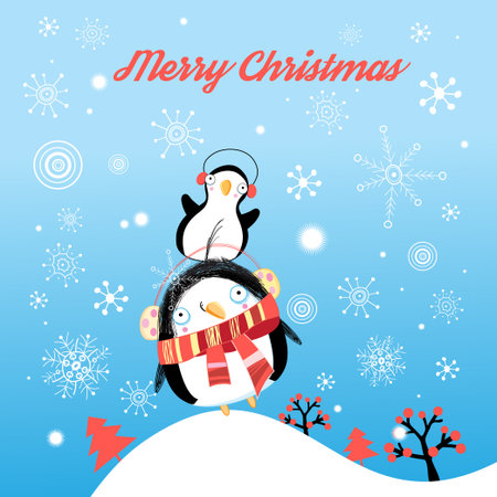 Funny Christmas card with penguins with snowflakes.のイラスト素材
