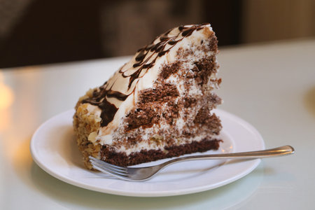Photo of a sweet truffle cake in a cafe
