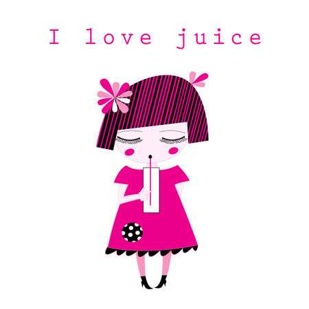 Vector graphics of a little girl drinking juice on a white backgroundのイラスト素材
