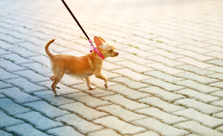 Photo funny a little dog walking along the roadの写真素材