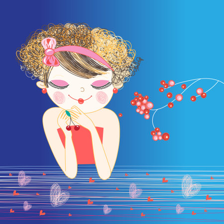 Vector portrait of enamored beautiful girl on blue background with berriesのイラスト素材