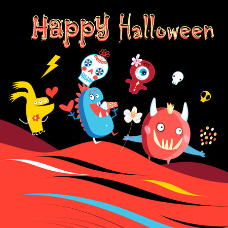 Greeting card with monsters and skulls on a dark backgroundのイラスト素材