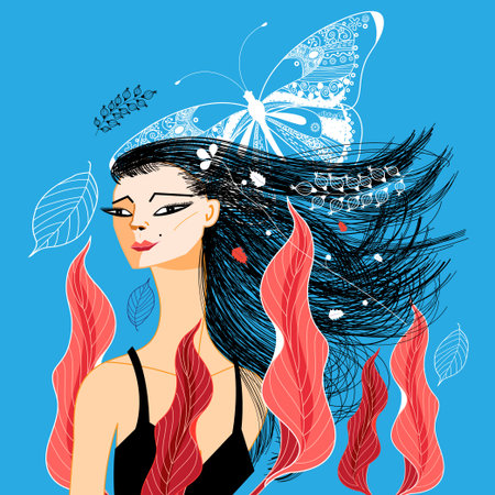 A Vector beautiful portrait of a girl with foliage and butterfly on blue illustration.のイラスト素材