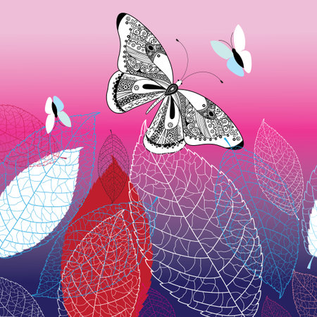 Vector background with beautiful butterflies and leaves on a colored backgroundのイラスト素材