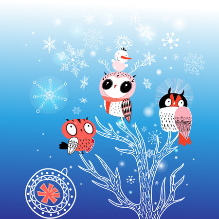 Greeting card Christmas with funny owls on a blue background with snowflakesのイラスト素材