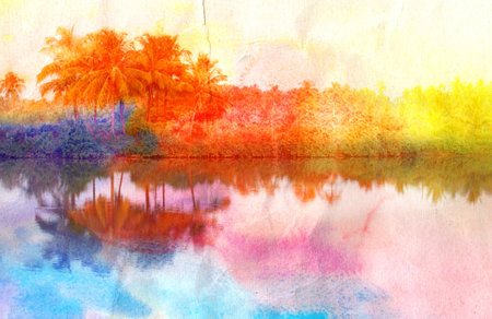 Retro photo background with palm trees and sunshine paradise island. Template for design, poster, business cardの写真素材