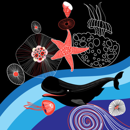 Graphics sea background with whale and starfishのイラスト素材