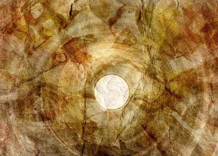 Retro brown watercolor crumpled paper background with circleの写真素材