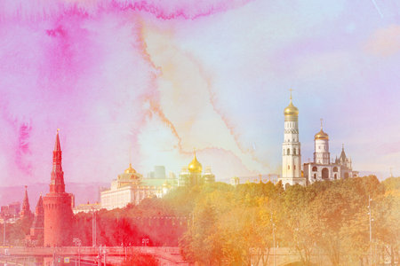 Retro beautiful color photo view of the Moscow Kremlin in the autumn afternoonの写真素材