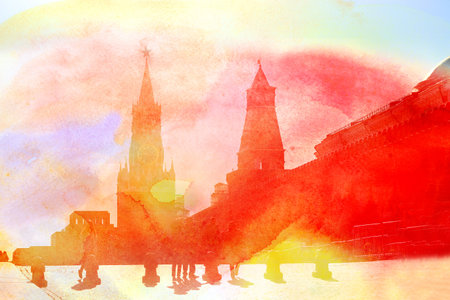 Retro beautiful color photo view of the Moscow Kremlin in the autumn afternoonの写真素材