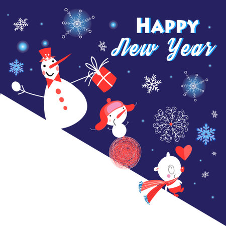 Christmas greeting card background design with funny snowmen on a snow hillのイラスト素材