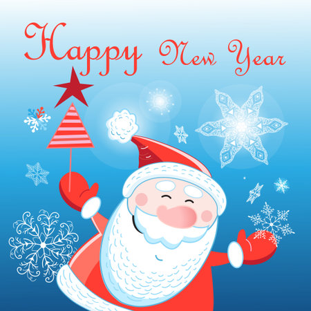 New Year's greeting card with Santa Claus Frost on a blue background with snowflakesのイラスト素材