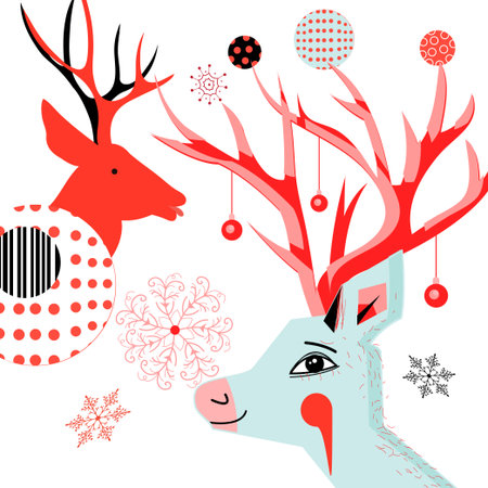 New Year card with portraits of deer and snowflakesのイラスト素材