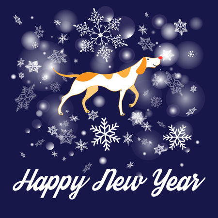 Beautiful Christmas card with dog on a dark background with snowflakesのイラスト素材