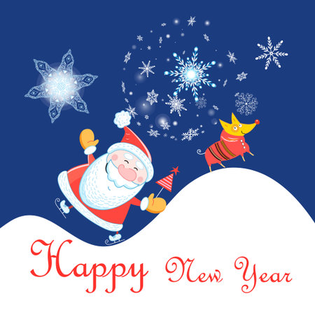 New Year celebration card with Santa Claus and dog on blue background with snowflakesのイラスト素材