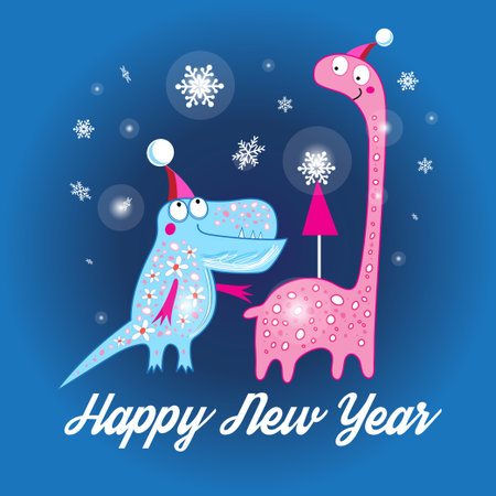 Christmas card with dinosaurs and Christmas trees on a dark backgroundのイラスト素材
