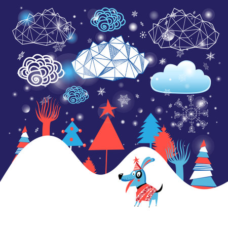 Christmas card with dog and christmas trees on a dark pattern with clouds and snowflakes.のイラスト素材