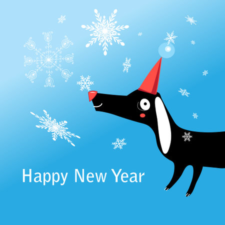 Christmas greeting card with funny dog on a blue background with snowflakes.のイラスト素材