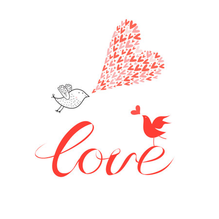 Greeting card with lovers with birds on a white background with heartsのイラスト素材