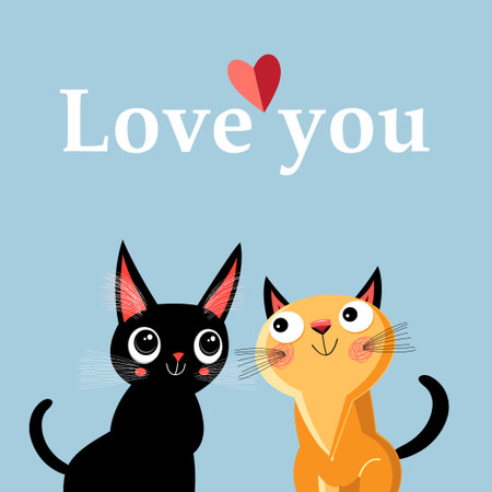 Greeting card with enamored kittens on a blue backgroundのイラスト素材