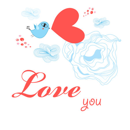 Greeting card to the day of all lovers with a bird on a white backgroundのイラスト素材