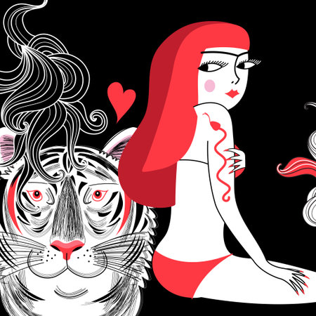 Portrait of a beautiful girl in a swimsuit with a portrait of a tiger on a dark backgroundのイラスト素材