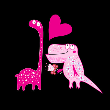Funny greeting card with enamored dinosaurs on a dark backgroundのイラスト素材