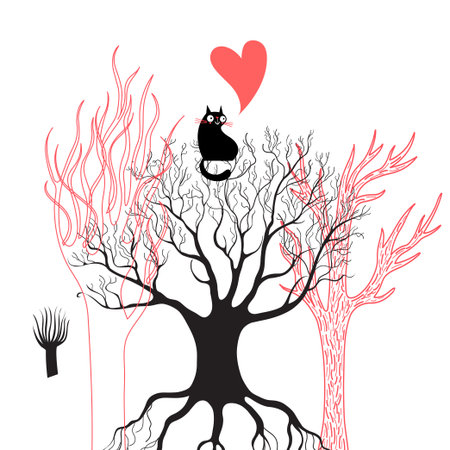 Vector illustration of a black enamored cat on a treeのイラスト素材