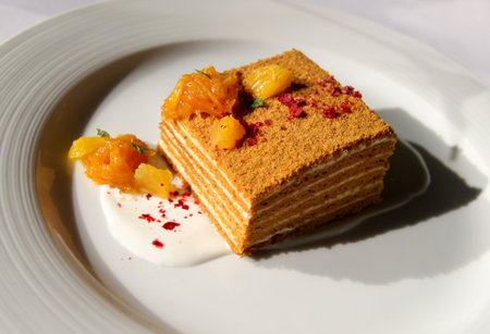 Macro photo of tasty honey cake with orange sunlit at restaurantの写真素材