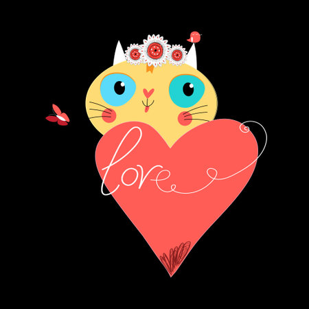 Cute cat with heart on black background vector.のイラスト素材