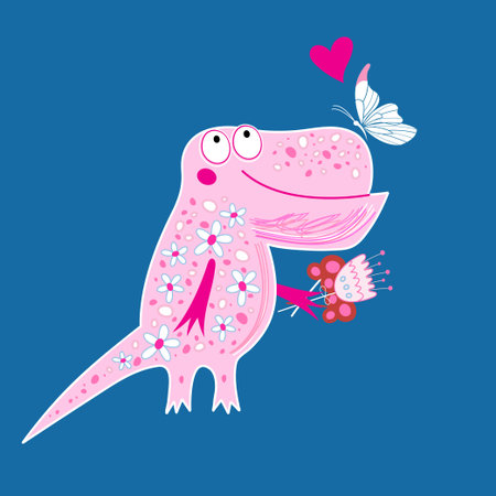 Bright postcard with a funny enamored dinosaur and butterfly on a blue backgroundのイラスト素材