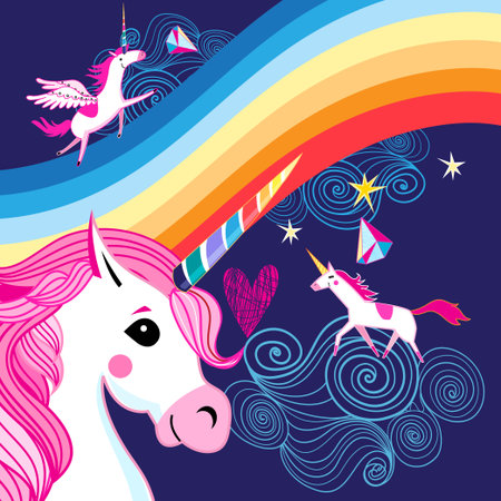 Vector bright poster with a rainbow and unicorns on a dark blue backgroundのイラスト素材
