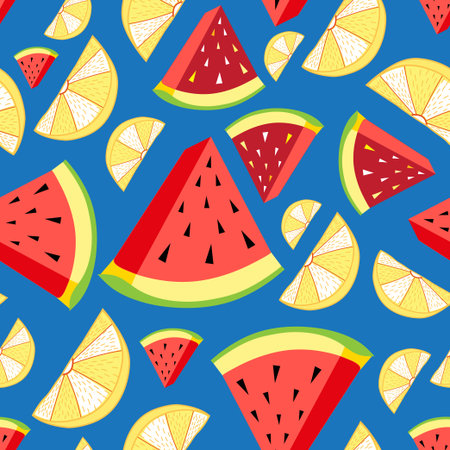 Vector bright pattern of lemon slices and watermelon on a blue background