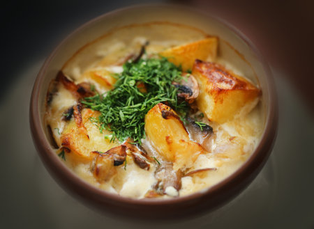 Photo of a macro delicious pot lunch with potatoes and mushroomsの写真素材