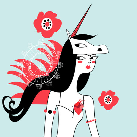 Vector graphic portrait of unicorn girl on a light backgroundのイラスト素材