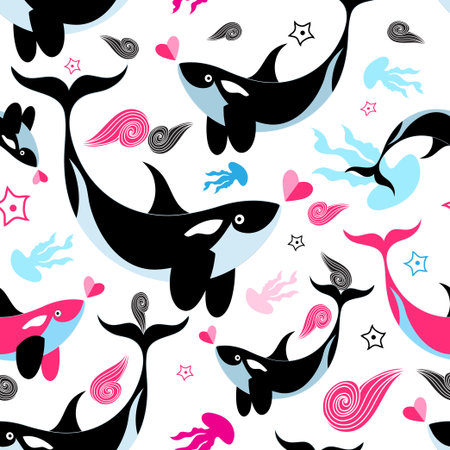Sea seamless pattern enamored whales on a white background.のイラスト素材