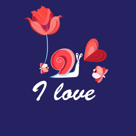 Illustration of an enamored funny snail with a heart on a blue background. Design for a card, website and business card.のイラスト素材