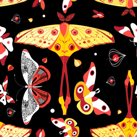 Seamless bright colorful pattern with different butterflies on a dark backgroundのイラスト素材