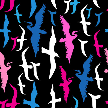 Seamless pattern with silhouettes of flying birds on dark backgroundのイラスト素材