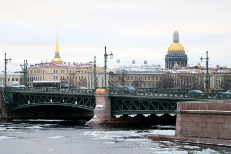 Photo of a beautiful city skyline with the river in the winterの写真素材