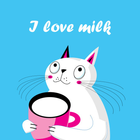 Vector illustration of a funny cat with a Cup of milk cartoon on a blue backgroundのイラスト素材
