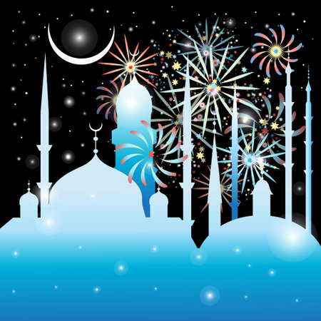 Graphics mosque and fireworks in the night skyのイラスト素材