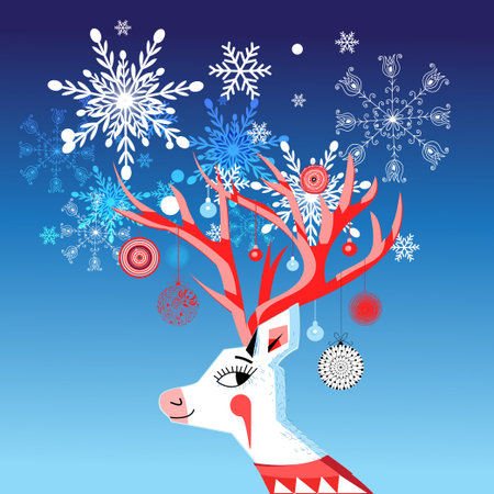 Vector New Year card with a merry portrait of a deer with ballsのイラスト素材