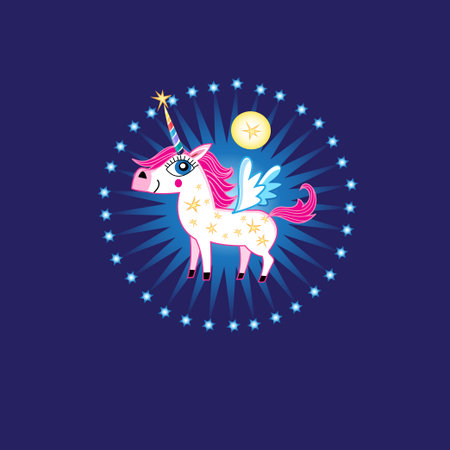 Vector bright sign of a fabulous unicorn on a dark blue background with starsのイラスト素材