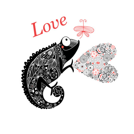 Vector graphic enamored chameleon with a heart and a butterfly on a white backgroundのイラスト素材