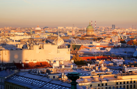 Beautiful photo view from above of St. Petersburg on an autumn sunset dayの写真素材